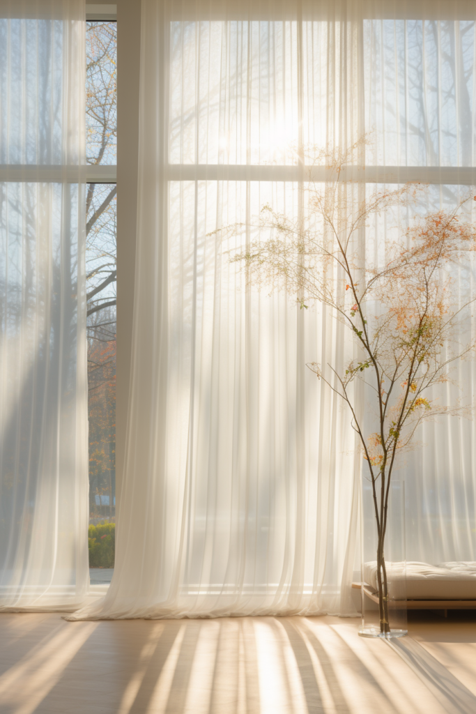A window with elegant white curtains, adding a streamlined touch to your minimalist living room.