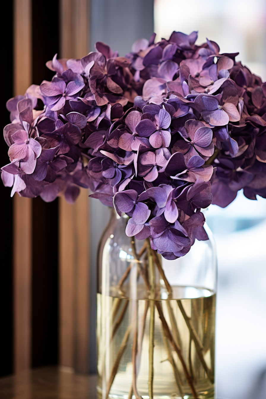 Streamlined, purple flowers in a vase on a minimalist table.
