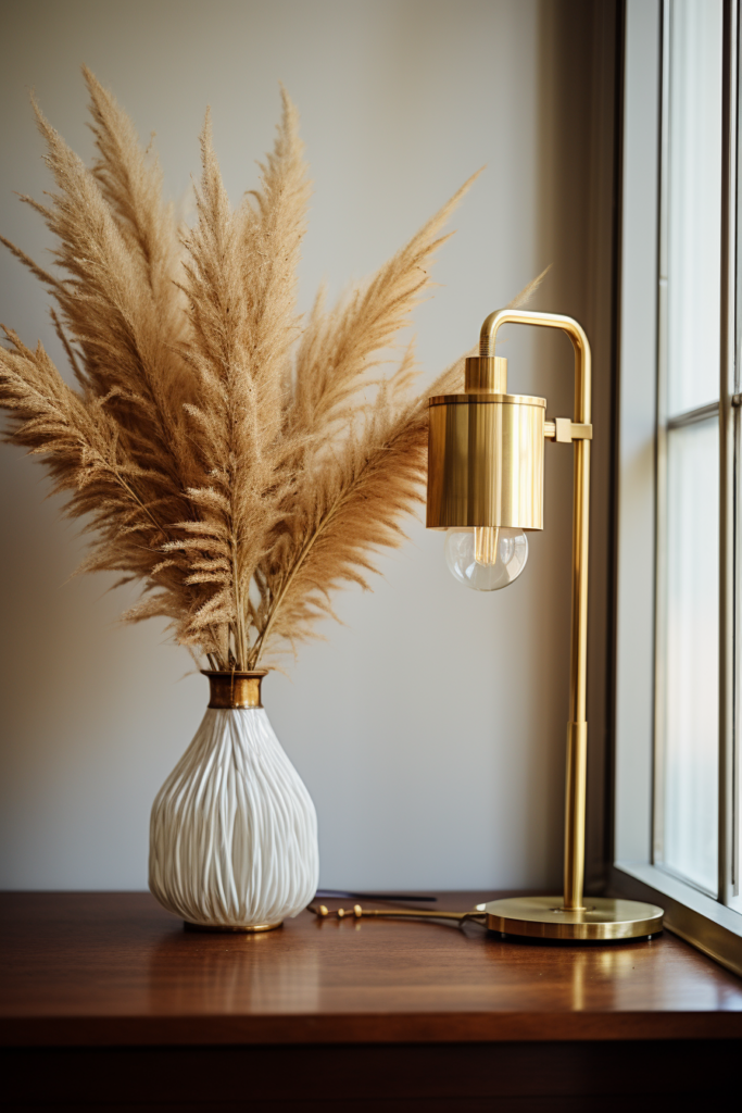 A minimalist gold lamp on a streamlined table next to a vase of dried grass.