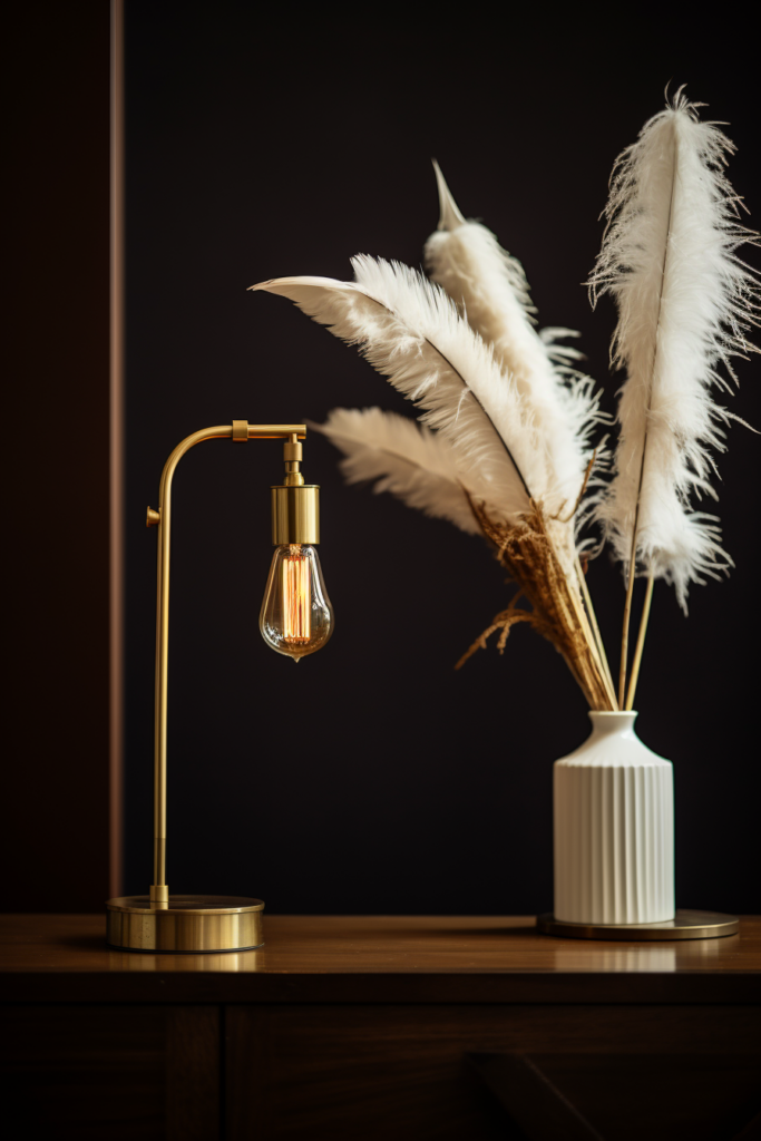 A modern lamp with feathers and a minimalist vase on a table in a living room.