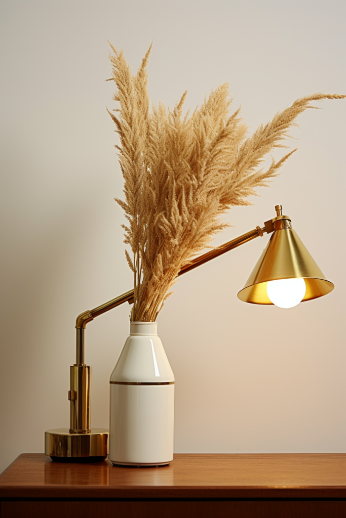 A modern lamp on a minimalist table next to a vase in a living room.