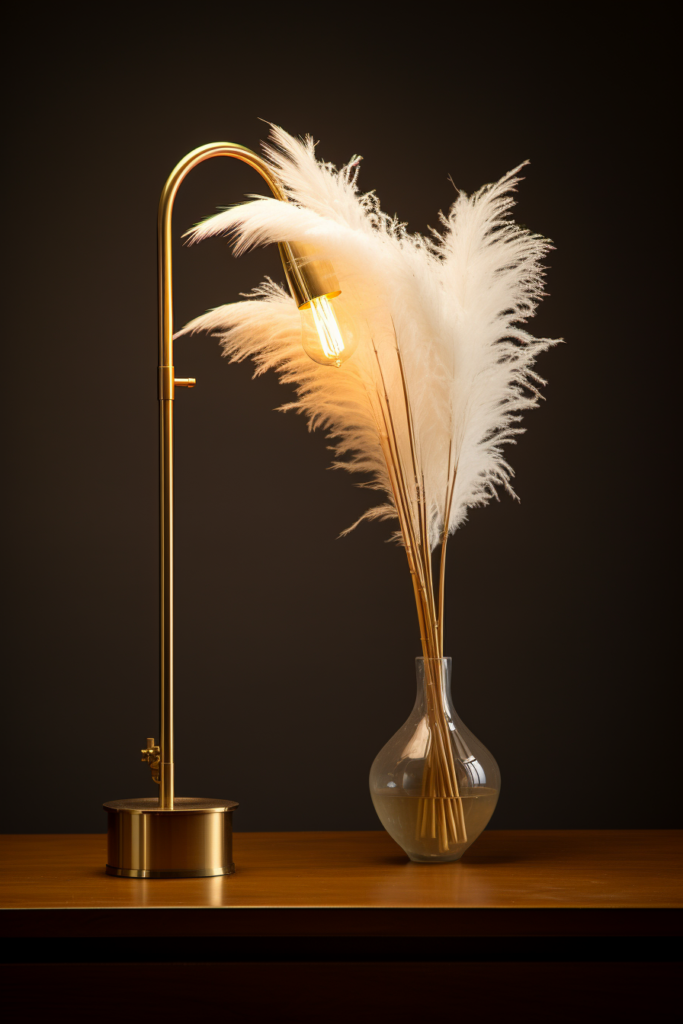 A streamlined table lamp with a modern twist and a minimalist vase of feathers on it.