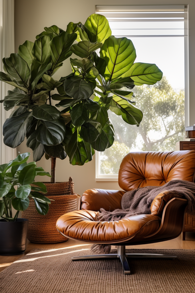 A modern minimalist brown leather chair in front of a large plant.