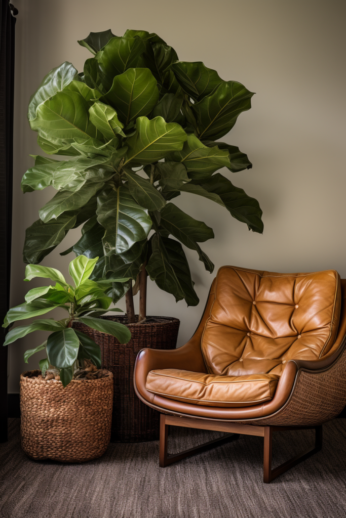 A modern minimalist living room idea featuring a brown leather chair placed elegantly beside a potted plant.