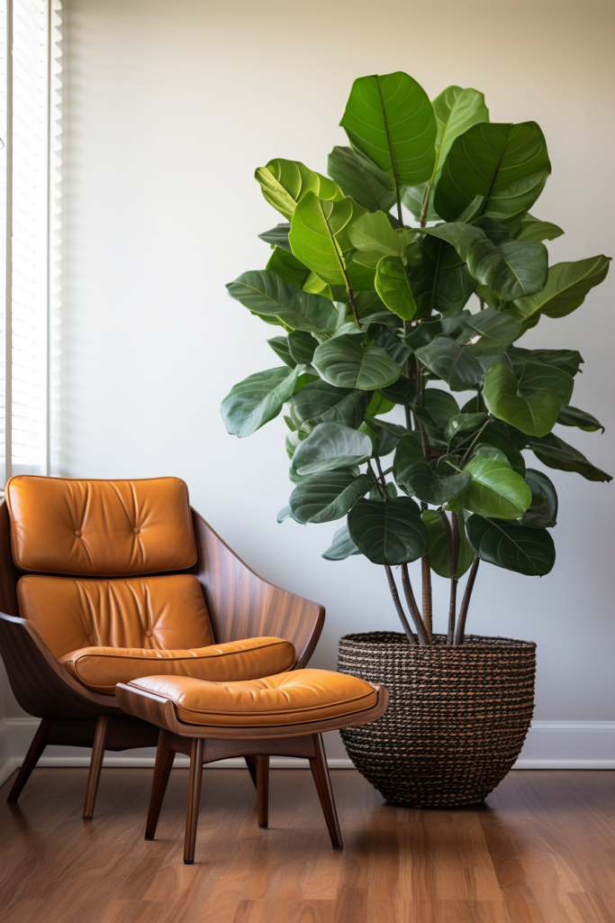 Elegant fiddle leaf fig tree in a clean and modern minimalist living room with a chair.