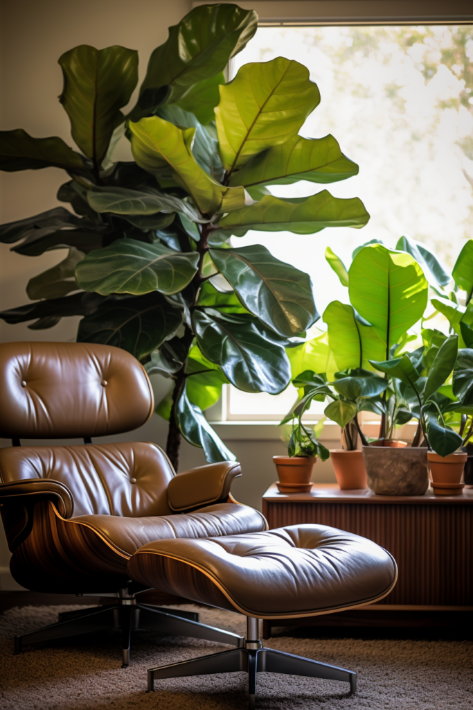 A streamlined living room with a chair, ottoman, and minimalistic potted plants.