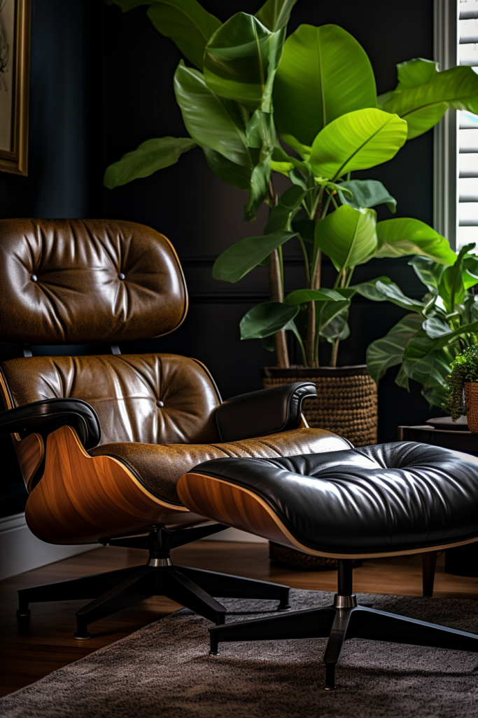 A modern eames lounge chair and ottoman in a minimalist living room.