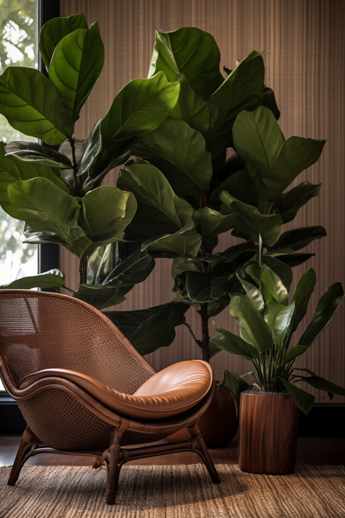 An elegant brown chair in front of a large plant, complementing modern minimalist living room ideas.