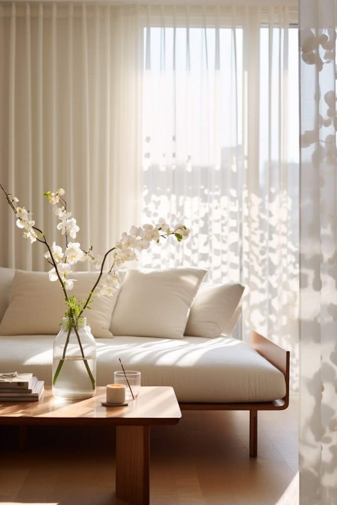 A cozy living space adorned with a white couch and white pillows, accentuated by a vase filled with fresh flowers.