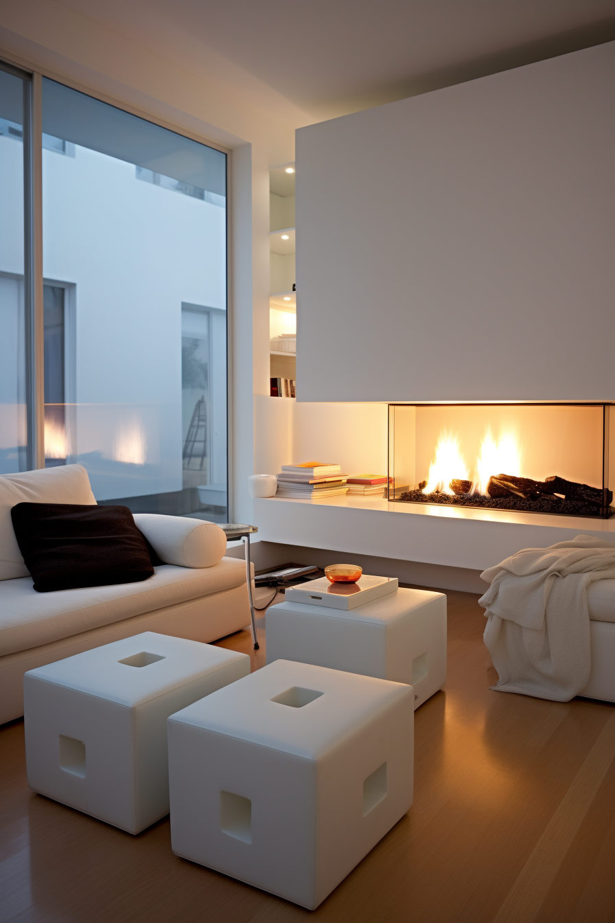 A minimalistic room with a cozy white couch and multifunctional white cubes arranged around a fireplace.