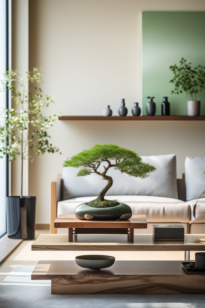 A minimalist Japanese living room, featuring a neutral color scheme and adorned with a serene bonsai tree, creates a calm haven for relaxation.