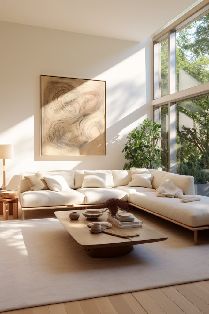 A neutral white couch in a minimalist living room, creating a haven of simplicity and relaxation.