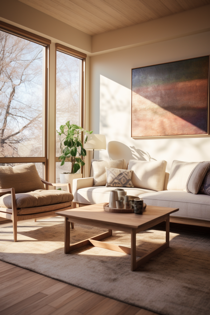 3D rendering of a cozy living room with a large window, featuring a neutral palette.