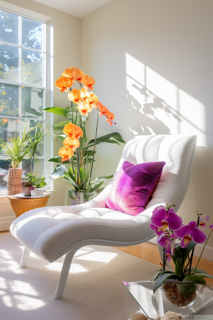 A cozy white chair with a neutral pillow and flowers in front of a window.