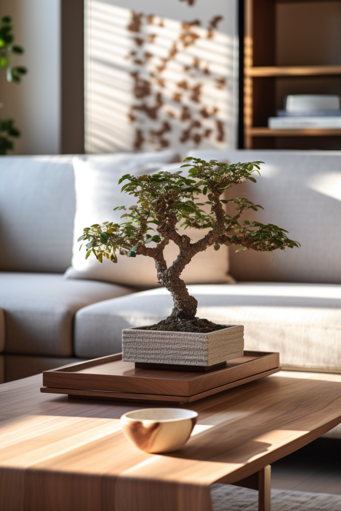A cozy table adorned with a small bonsai tree.