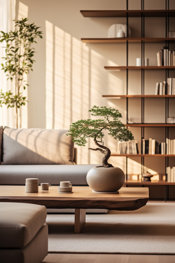 A minimalist living room with a neutral color palette, featuring a serene bonsai tree on a shelf.