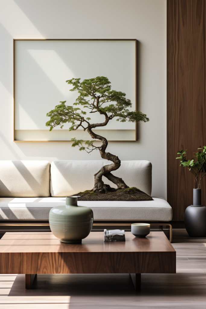 A minimalist bonsai tree in a neutral haven living room.