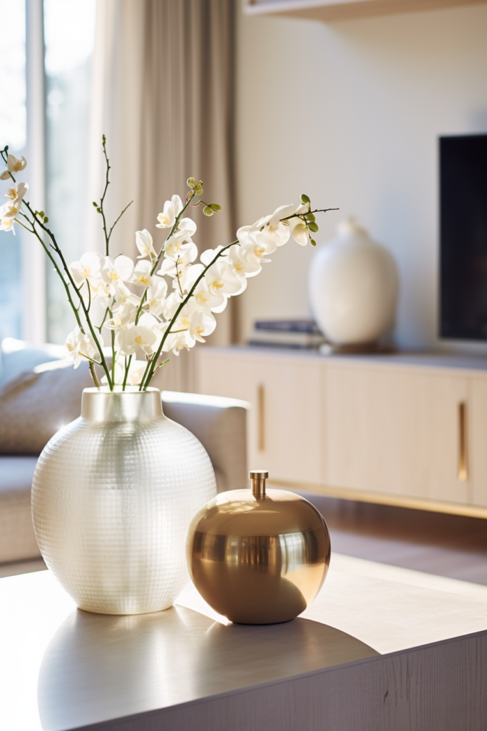 A vase with flowers on a table in a Neutral Haven living room.