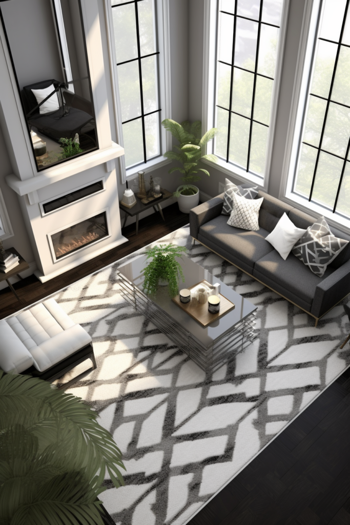 A stunning 3D rendering of a living room with a beautiful fireplace and gorgeous grey carpets.