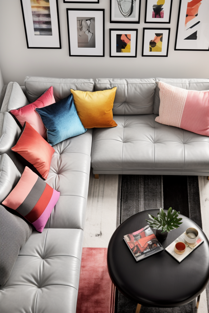 A living room with a grey couch and colorful pillows. Overhead Picture Inspiration, Gorgeous Grey Carpets