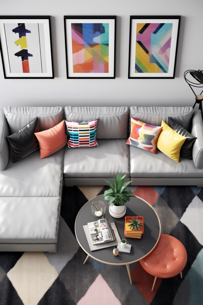 An overhead picture of a living room with a grey couch and colorful pillows.