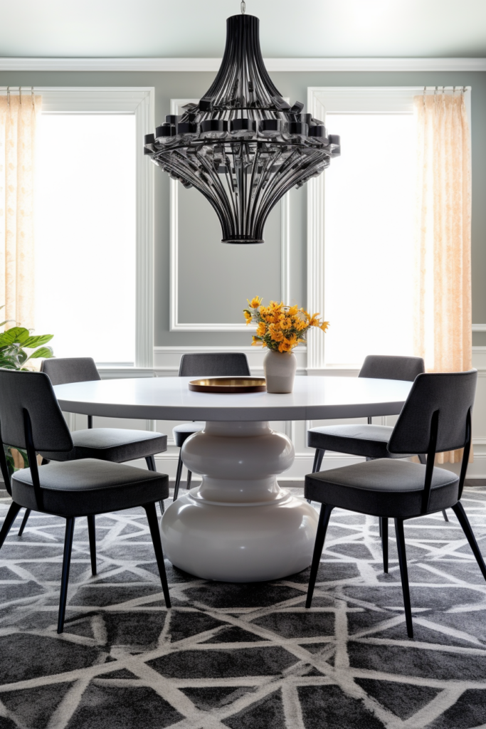 An elegant black and white dining room with a stunning chandelier.