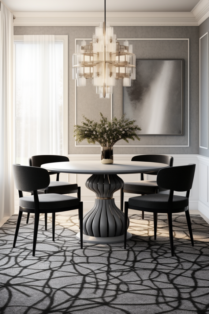 A dining room with a black and white rug and chandelier. Featuring a grey carpet and providing top views, this space is an overhead picture inspiration.