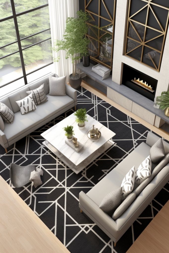 A black and white living room with a fireplace features grey carpets for added elegance and an overhead picture inspiration to create top views.