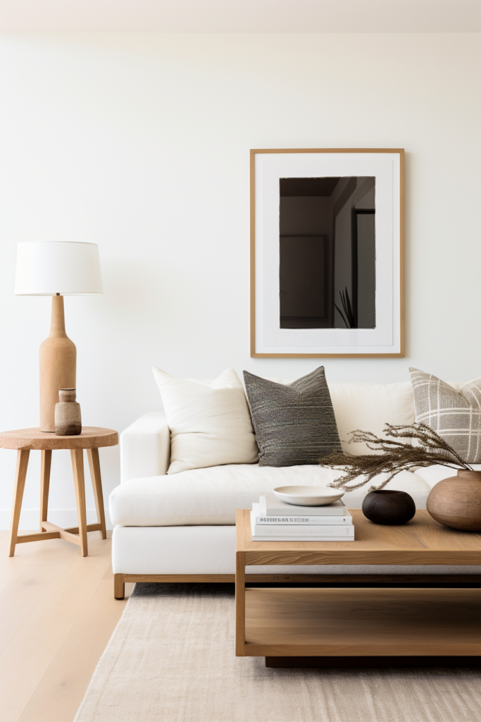 A living room with a minimalist decor featuring a white couch and a wooden coffee table.
