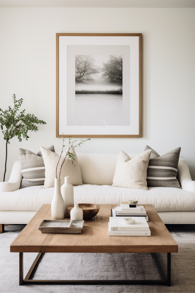 A living room with a minimalist decor featuring a white couch and coffee table, exuding a personal touch.