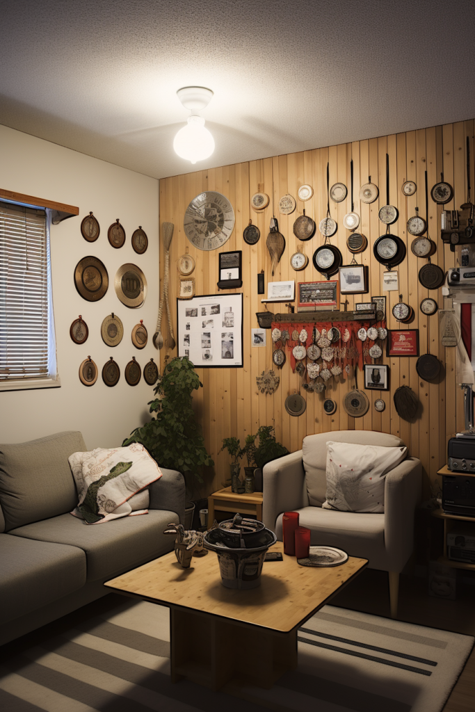 A living room with a minimalist decor and personal touches, such as sentimental plates adorning the wall.