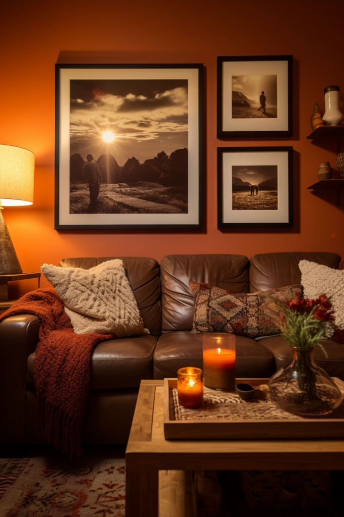 A brown couch in a living room with a personal touch.