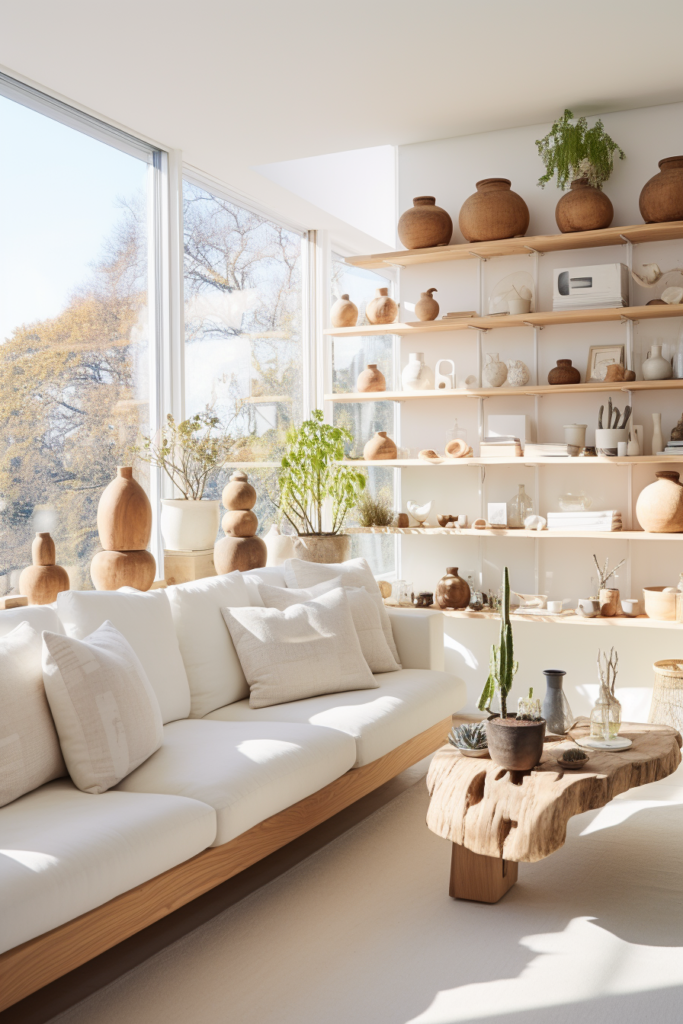 A room with a couch and shelves adorned with vases and plants, adding a personal touch to the minimalist decor.