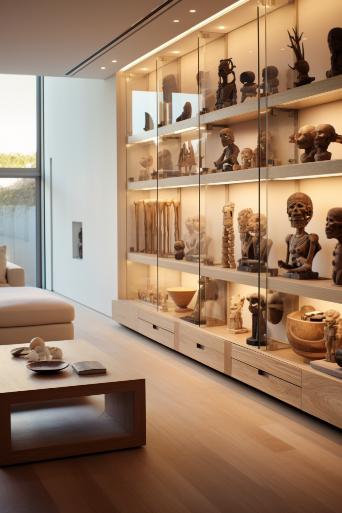 In a living room, there is a glass display case showcasing items of sentimental value and adding a personal touch to the minimalist decor.