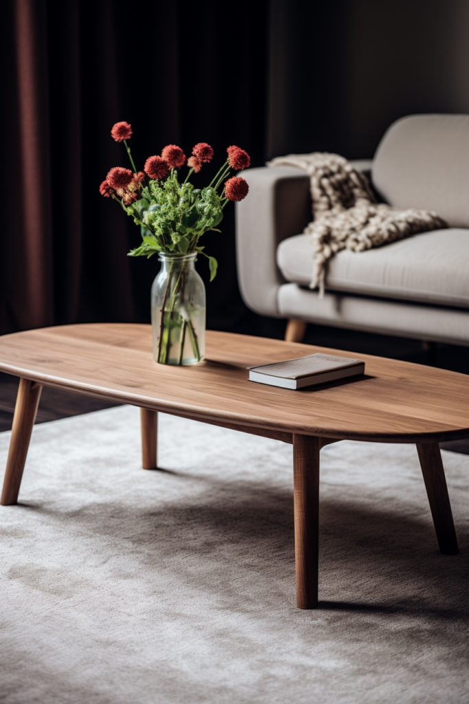 A sleek and chic coffee table in a living room with flowers in a vase.