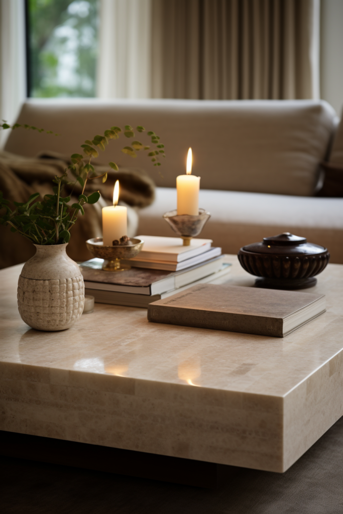 A sleek coffee table with books and candles on it.