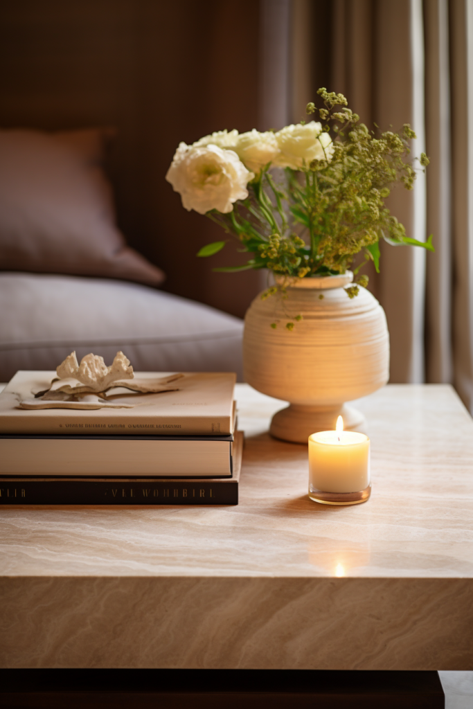 A sleek and chic candle on a modern coffee table.