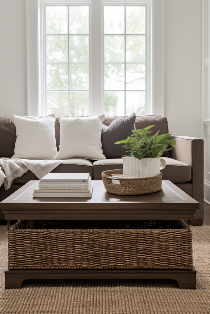A sleek and chic wicker coffee table in a modern living room.
