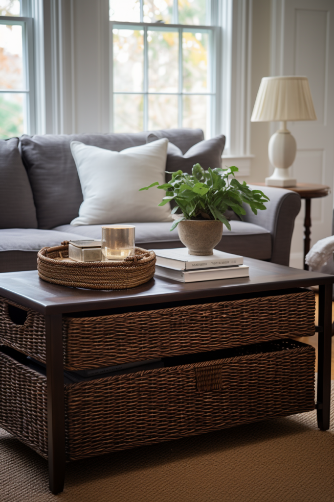 A modern wicker coffee table in a chic living room.