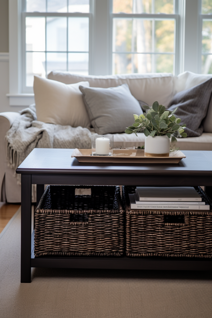 A sleek black coffee table with chic wicker baskets on it.
