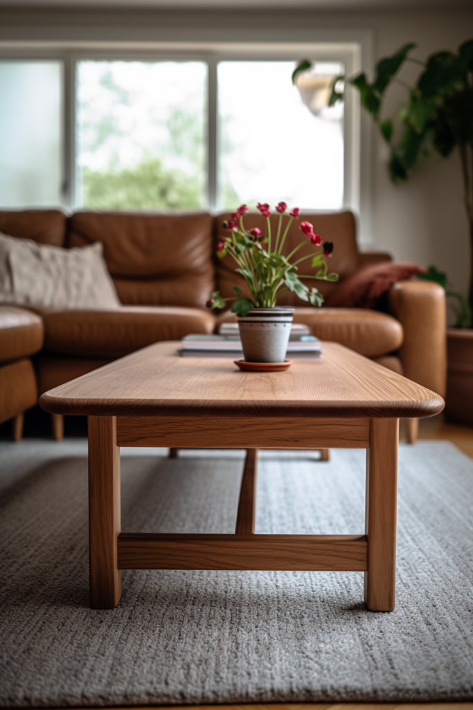 A sleek wooden coffee table with a chic potted plant on it.