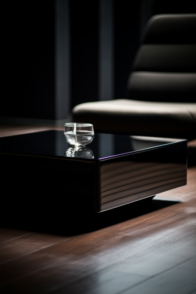 A sleek black coffee table on a chic wooden floor.