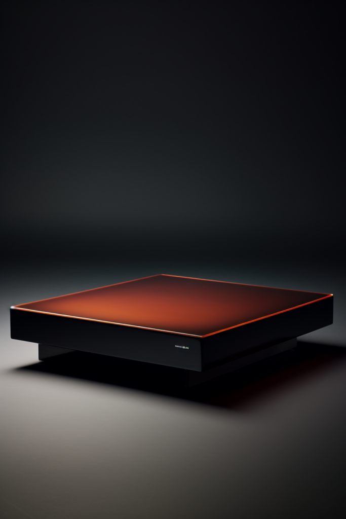 A sleek coffee table with a modern red light on it.