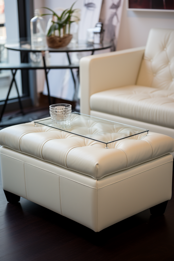 The chic and sleek living room is adorned with a white couch and a trendy glass coffee table.
