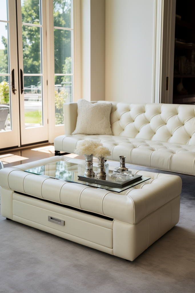 A sleek white leather couch in a chic living room.