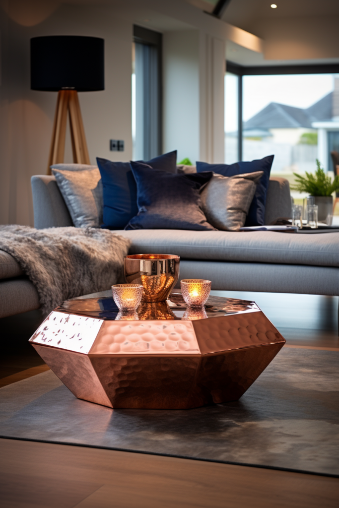 A sleek copper coffee table in a chic living room.