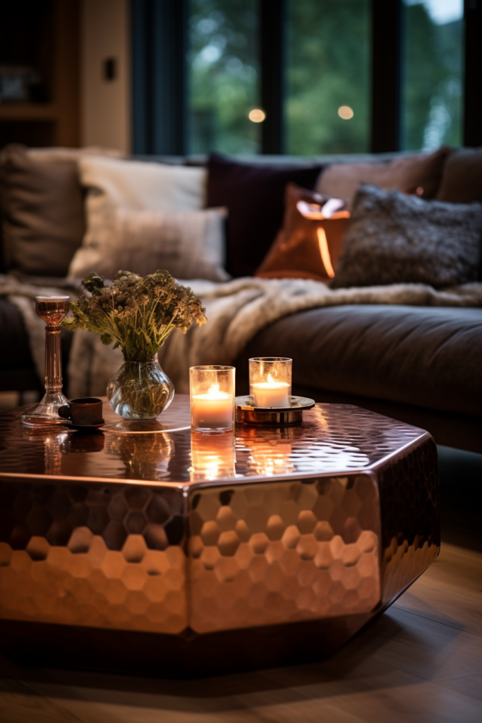 A sleek copper coffee table in a modern living room.