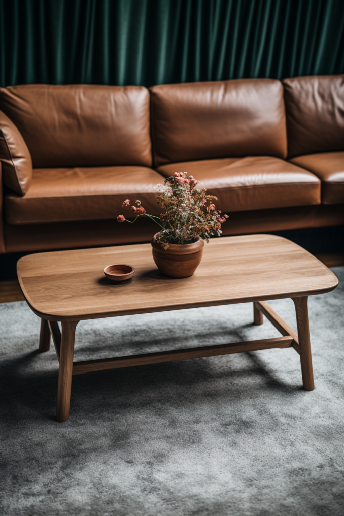 A modern wooden coffee table in front of a sleek couch.