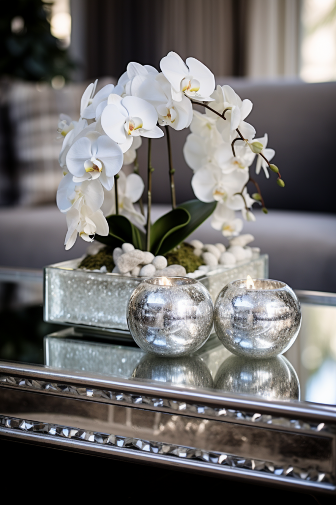 Modern white orchids in a sleek vase on a chic table.