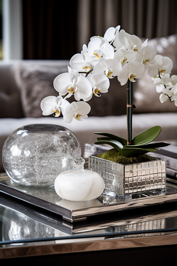A sleek white orchid in a modern glass vase.